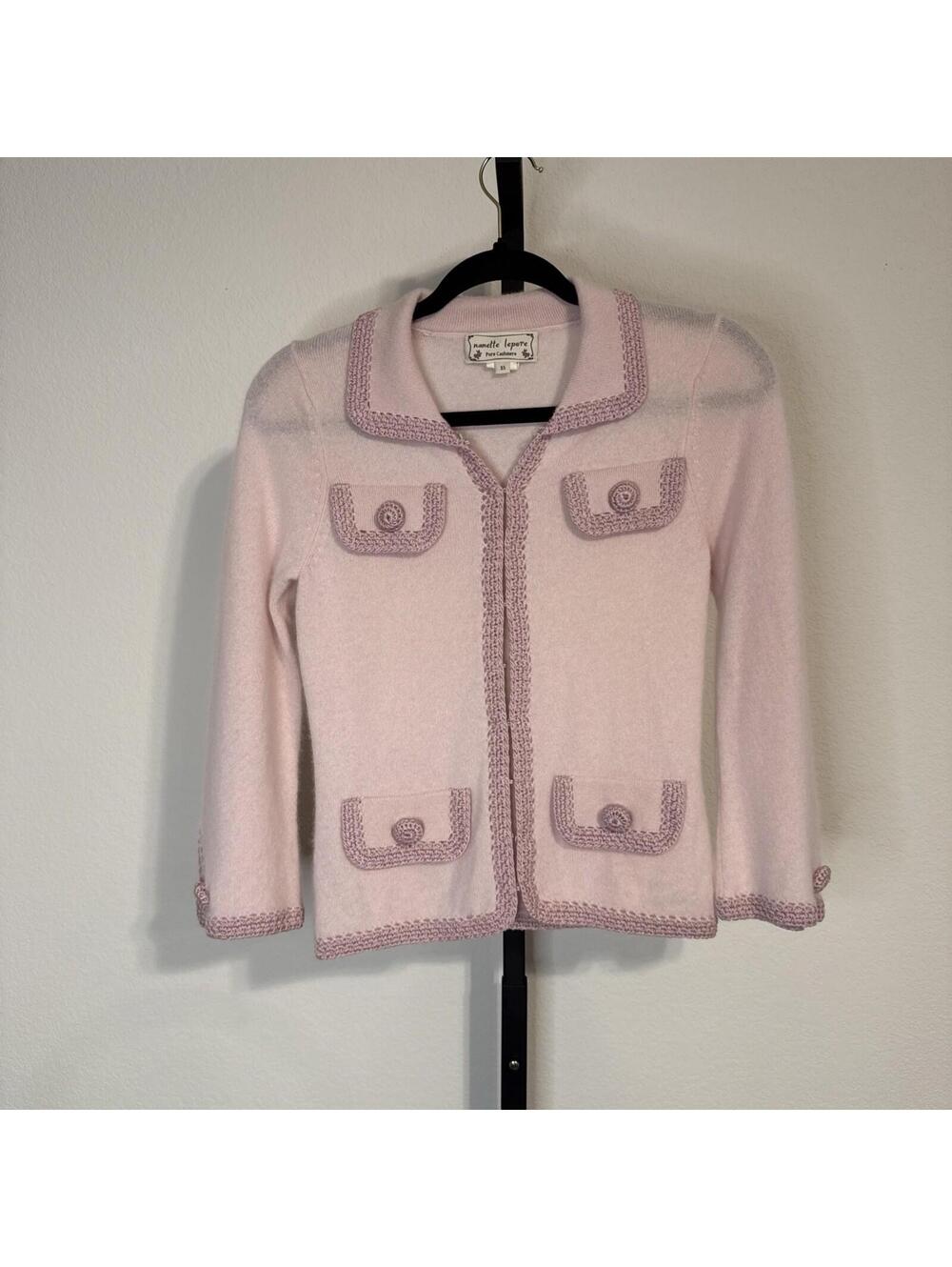 VTG. NANETTE LEPORE Pink Cashmere Cropped Cardigan w/ Trim - XS